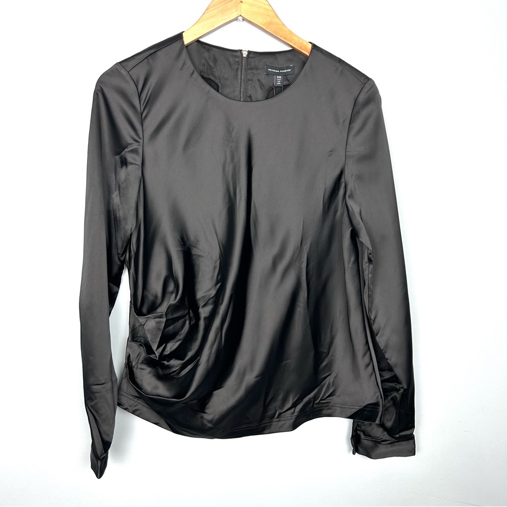 UNIVERSAL STANDARD Lucina satin gathered tie top black size 2XS long sleeve NWT